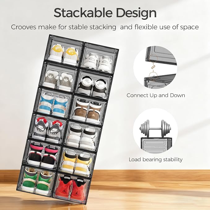 Pinkpum Upgraded Hard Shoe Storage Box 12 Pack XL Clear Shoe Organizer - Image 5