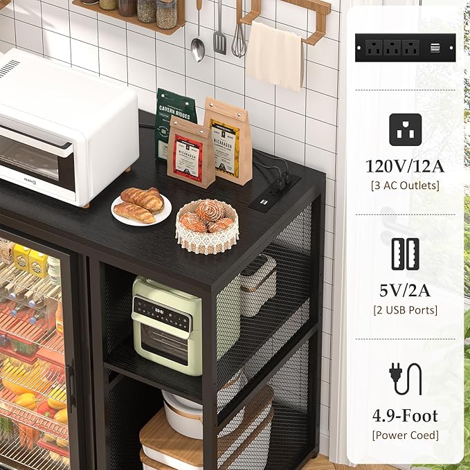 Homieasy Mini Fridge Cabinet Stand with Power Outlet, Coffee Bar Cabinet with Mini Fridge Space, Bar Stand with Microwave Shelf with Wine Rack for Kitchen, Dorm, Black