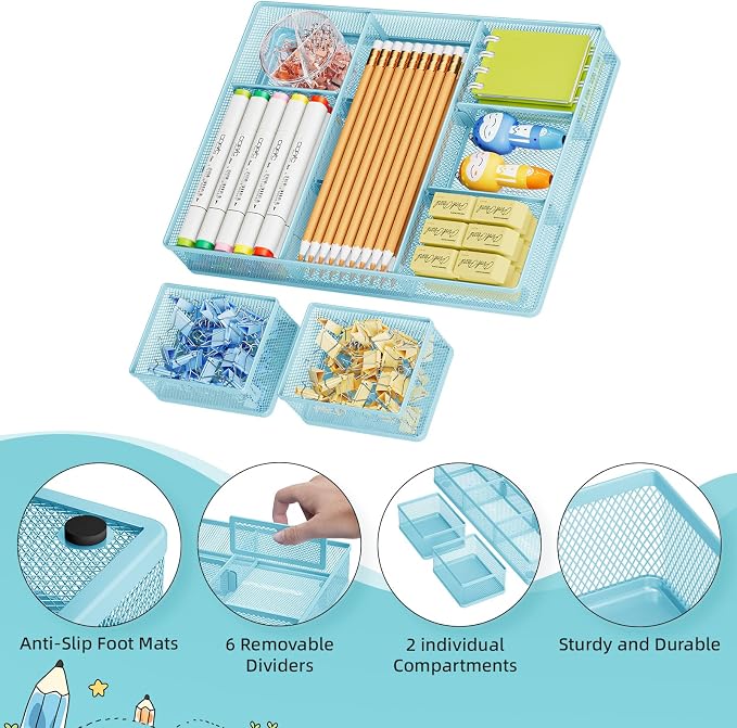Marbrasse Mesh Desk Drawer Organizer Tray 3 Packs, 9 Adjustable Compartments - Image 4