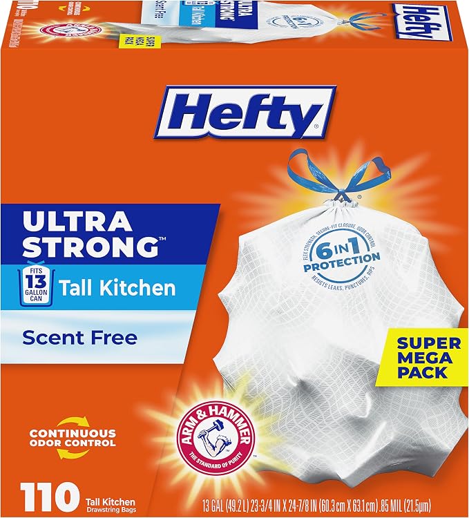 Hefty Ultra Strong 13 Gal Kitchen Trash Bags, 110ct | Bulk Pack, 13G Tall White by Hefty