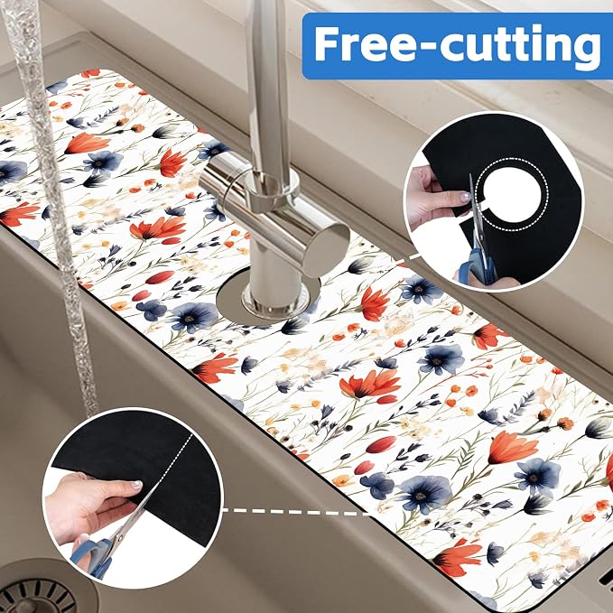 Watercolor Red and Blue Flowers Sink Faucet Absorbing Mat Sink Splash Guard - Image 7
