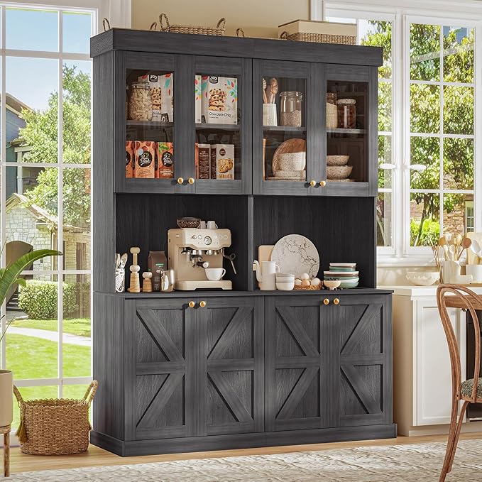 71" Tall Farmhouse Kitchen Pantry, Large Storage Cabinet with Glass Doors, Freestanding Coffee Bar Hutch with Microwave Stand, Adjustable Shelves for Kitchen, Living Room, Black 3 Pcs