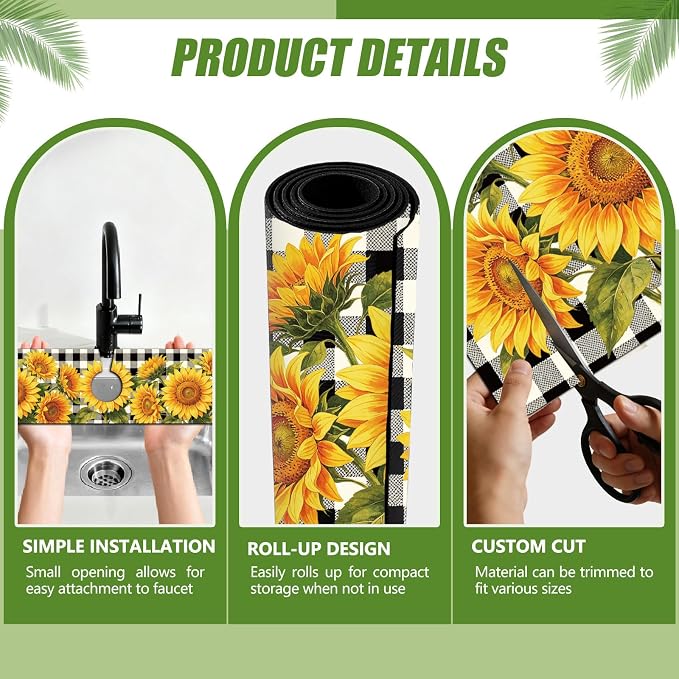 3 Pcs 2 Size Kitchen Sink Splash Guard Faucet Mat Plaid Sunflowers Pattern - Image 3
