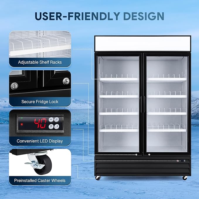 Wilprep Two Door Commercial Refrigerator, 40 cu. ft. Swing Door Merchandiser Refrigerator with Tempered Glass & LED Lighting, ETL Listed Fog Free Beverage Display Refrigerator for Office Bar Store…