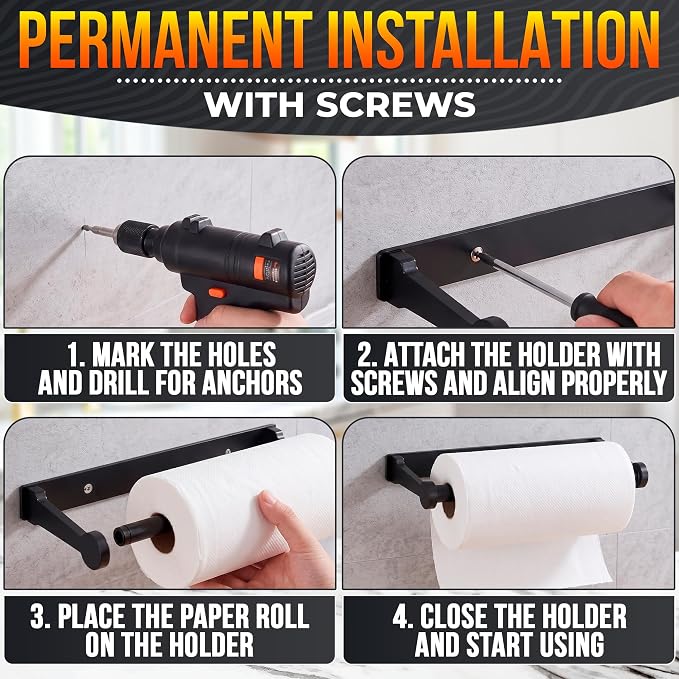 Black Paper Towel Holder Under Cabinet, Space-Saving - Image 9