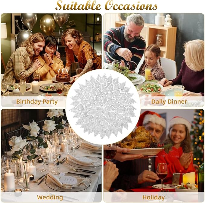 Placemats Set of 4, Round Hollow Out Flowers Place Mats for Dining Table Pressed Vinyl Blooming Leaf Table Mats for Holiday Party Wedding Accent Centerpiece Dinner Table Decoration (Silver)