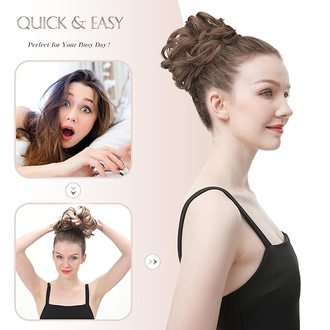 FESHFEN Large Messy Bun Hair Piece - Wavy Synthetic Chignon Scrunchies Elastic Ponytail Hair Extensions Thick Hairpieces for Women, Black with White Tips 1.94oz