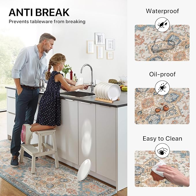 GENIMO Kitchen Mats for Floor, Washable Anti Fatigue Mat for Cushioned, 17.3"x59", Waterproof Kitchen Rugs, Non Slip Foam Comfort Standing Mat Rug for Home, Runner, Sink, Laundry, Blue&Salmon