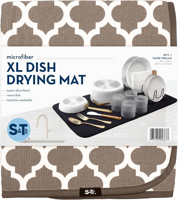 S&T INC. Dish Drying Mat, Tan Trellis | Absorbent Microfiber, Extra Large - Image 8