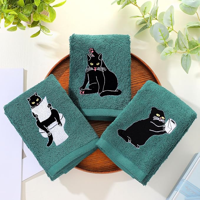 3 Pcs Cat Hand Towels for Bathroom Decor | Embroidered Black Cat Design - Image 5