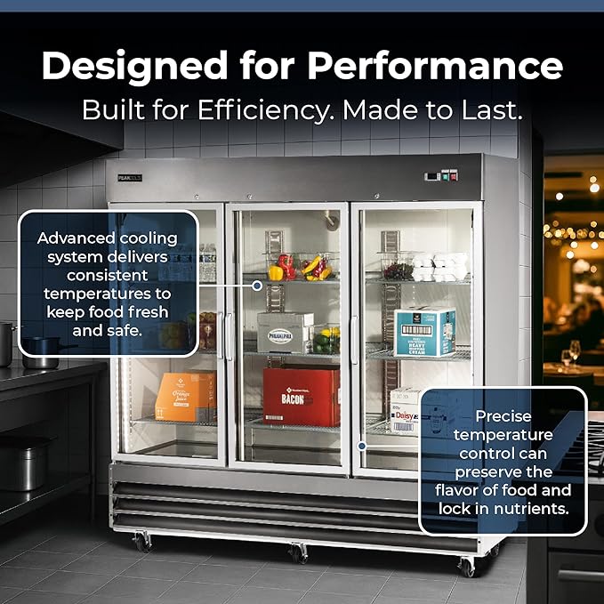 PEAKCOLD 3 Glass Door Commercial Refrigerator - 72 Cubic Ft, 81" Wide Stainless Steel Reach-In Commercial Refrigerator with White Internal Lighting - Freestanding Industrial Fridge