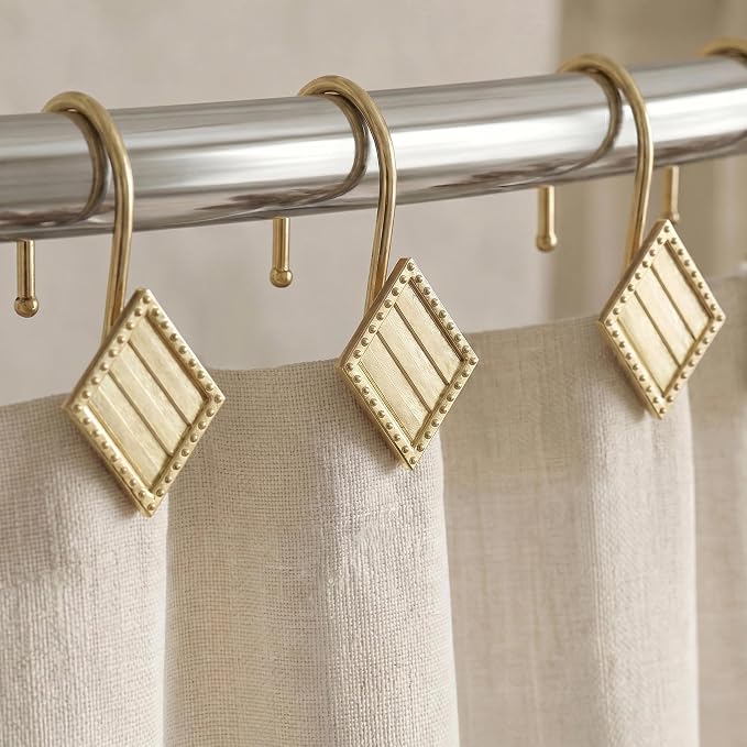 Brass Gold Shower Curtain Hooks: 12PCS Geometric Bathroom Curtain Rings | by PopKozzi