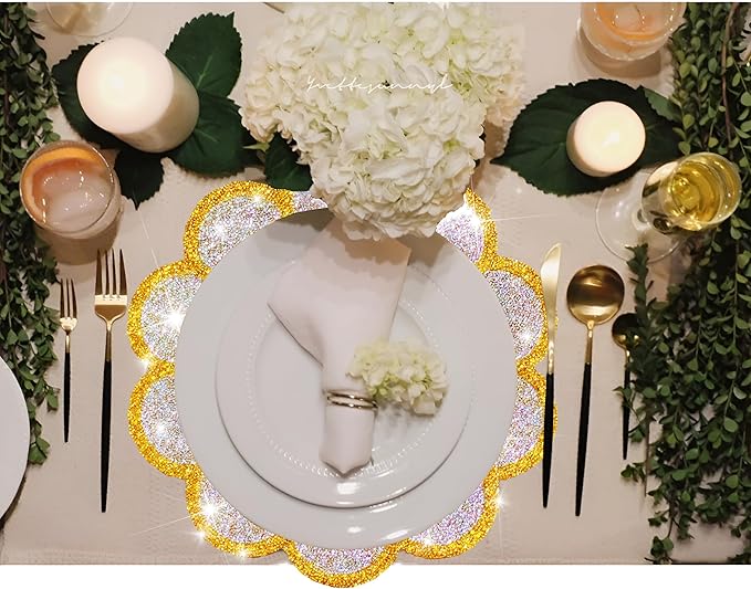 Washable Waterproof Diamond Circle Placemats for Round Tablescape Decor for Dinner and Kitchen Bling Placemats for Weddings & Special Events-12 PCS (Yellow)