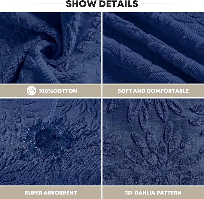 Artoid Mode 2 Pcs Navy Blue 3D Dahlia Floral Jacquard Hand Towels - Image 6