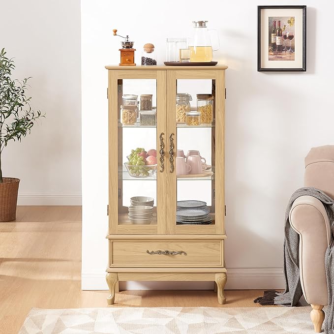 51" H Lighted Curio Cabinet Display Case, Glass Curio Cabinet with Adjustable Shelves,Tempered Glass Door and Drawer, Wooden Cabinets w/Mirrored Back Pane for Living Room (Light Oak)