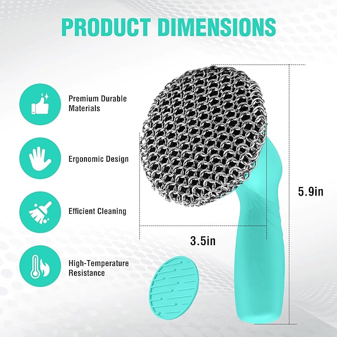 HAUSHOF Cast Iron Scrubber with Long Handle, Chainmail Scrubber Cast Iron Cleaner for Pan, Kitchen Cleaning Kit for Grill, Dutch, Oven
