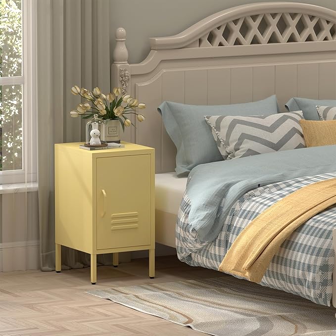 Locker Nightstand,Metal Nightstand with Door, Modern End Side Table with Shelf,Steel Bedside Storage Cabinet for Living Room,Bedroom,Office,Yellow