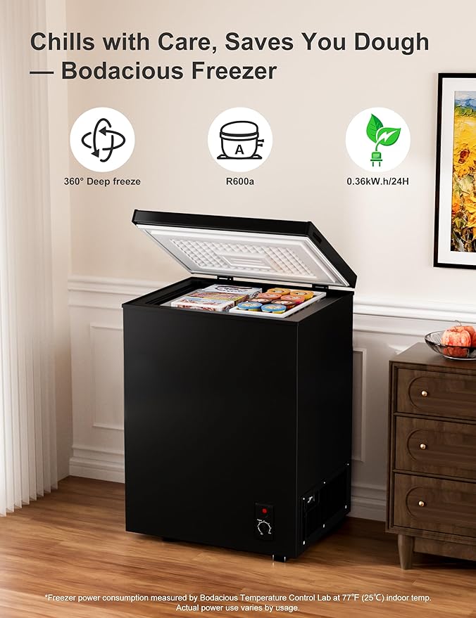 3.5 Cu.Ft Compact Chest Freezer, Energy Saving (0.36kWh/24H) & Ultra-Quiet (<40dB), with Removable Basket, 6-Temp, Manual Defrost Drain, Top Open Door Deep Freezer for Apartment, Dorm, Kitchen, Black
