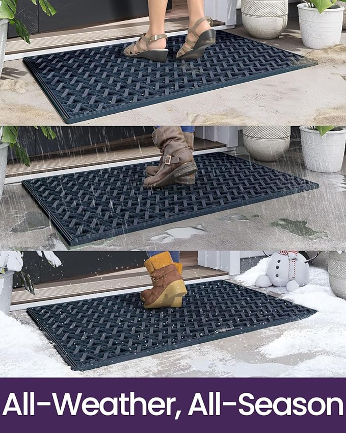 DEXI Front Door Mat Outside Entrance Rubber 32x48, Welcome Floor Doormat Heavy Duty Non Slip, Dirt Trapper Waterproof Exterior Entry Mats All Weather for Patio Entryway Drainage, Blue