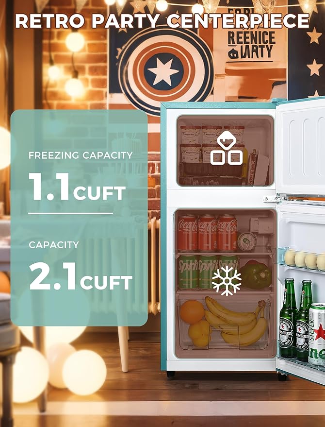 3.2 Cu.Ft Fridge with Freezer, Double Door Refrigerator with 7 Level Thermostat, LED Light, Adjustable Shelves, Food Storage Cooling Drink for Bedroom, Office, Dorm, Apartment, Blue