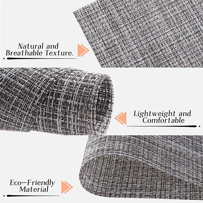Timeet Placemats Set of 6, Heat Resistant Non-Slip Place Mats, Durable Washable PVC Vinyl Woven Table Mats, Linen Textured Table Placemats for Dining Kitchen Resistant Easy to Clean(Gray)