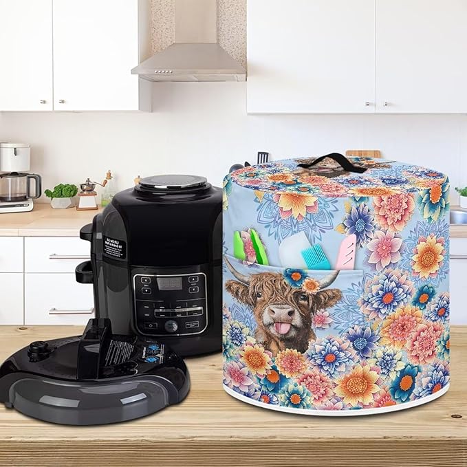 Xoenoiee Electric Pressure Cooker Cover Boho Mandala Highland Cattle Pattern Kitchen Appliance Dust Cover with Pockets, Compatible with Crock Pot, Rice Cooker, for 6 Qt Pot