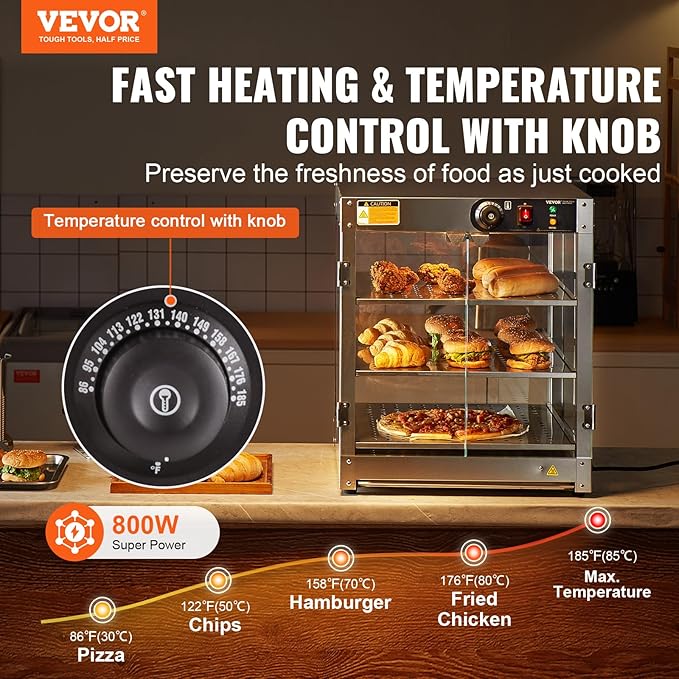VEVOR 3-Tier Commercial Food Warmer Display, 800W Food Display Warmer with Light to Enhance Food Display, 86℉~185℉ Temperature Control, 90L Large Capacity for Hamburger, Pizza, Bread, Fried Chicken