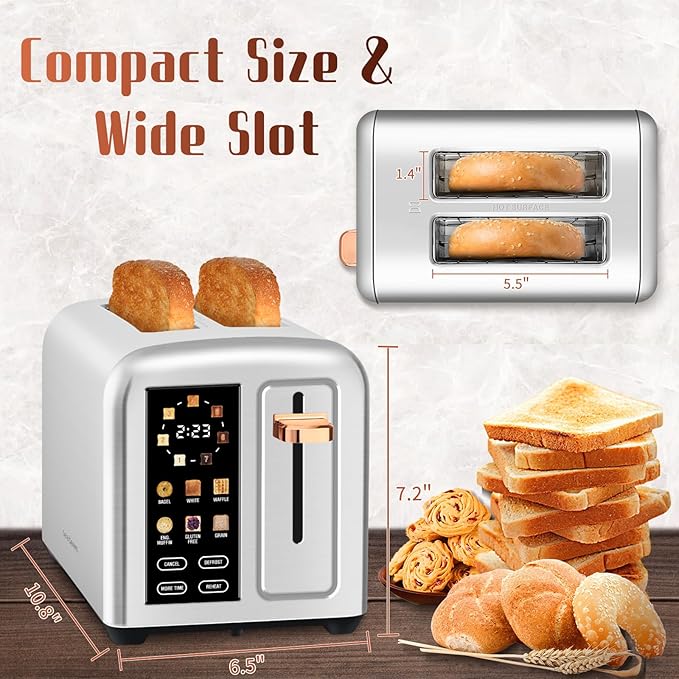 SEEDEEM Toaster 2 Slice with Touch Screen, Faster Heating Speed, 7 Shade Setting, 6 Bread Type, 1.5”Wide Slots Toaster, Removable Crumb Tray, 1350W, Silver Metallic