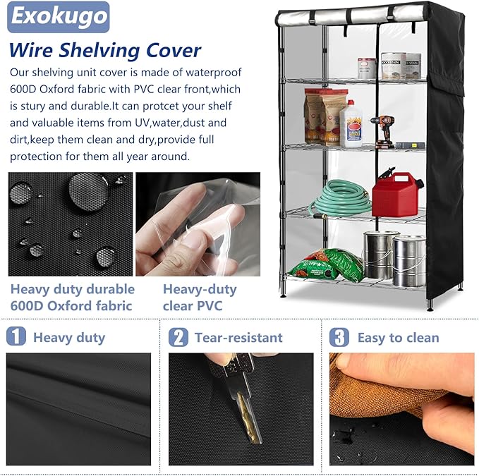 Wire Shelf Cover,600D Heavy Duty 100% Waterproof Shelf Covers for Wire Shelving,Outdoor Storage Shelves Cover for Metal Rack,48" W x 18" D x 72" H,Black with Clear Front