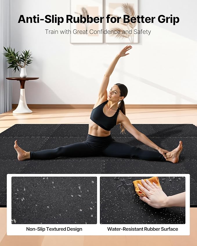 VEVOR 0.4Inch 48sq.ft 12 Tiles Gym Flooring for Home Gym, Rubber Top with High Density EVA Foam, 24 x 24In Gym Floor Exercise Equipment Mats, Interlocking Gym Mats, Puzzle Workout Mats, Black & Gray
