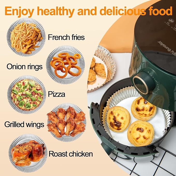 100 PCS Aluminum Foil Air Fryer Liners, Non-stick Air Fryer Disposable Paper Liner, Oil-proof Water-proof Sheets, Food Grade Aluminum Foil for Baking, Frying, Grilling, Roasting Microwave