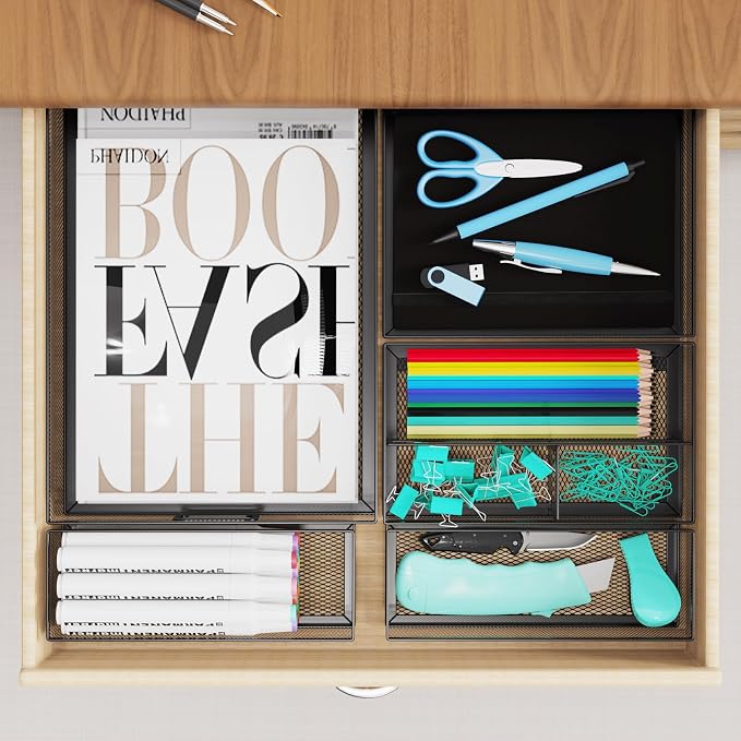 5 Pack Desk Drawer Organizers, Metal Mesh Office Desk Drawer Organizer Tray - Image 4