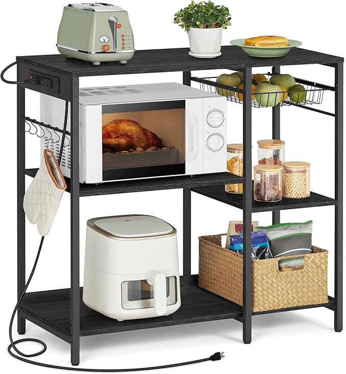 VASAGLE Baker's Rack, Coffee Bar Stand with Charging Station, 35.6 Inches Tall, Storage Shelves, Pull-Out Wire Basket, Table for Microwave, Kitchen, Charcoal Gray and Ink Black UKKS036B22