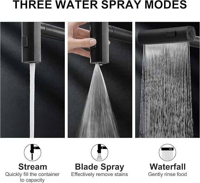 Kitchen Faucet with Pull Down Sprayer, Matte Black Waterfall Kitchen Faucet | - Image 3