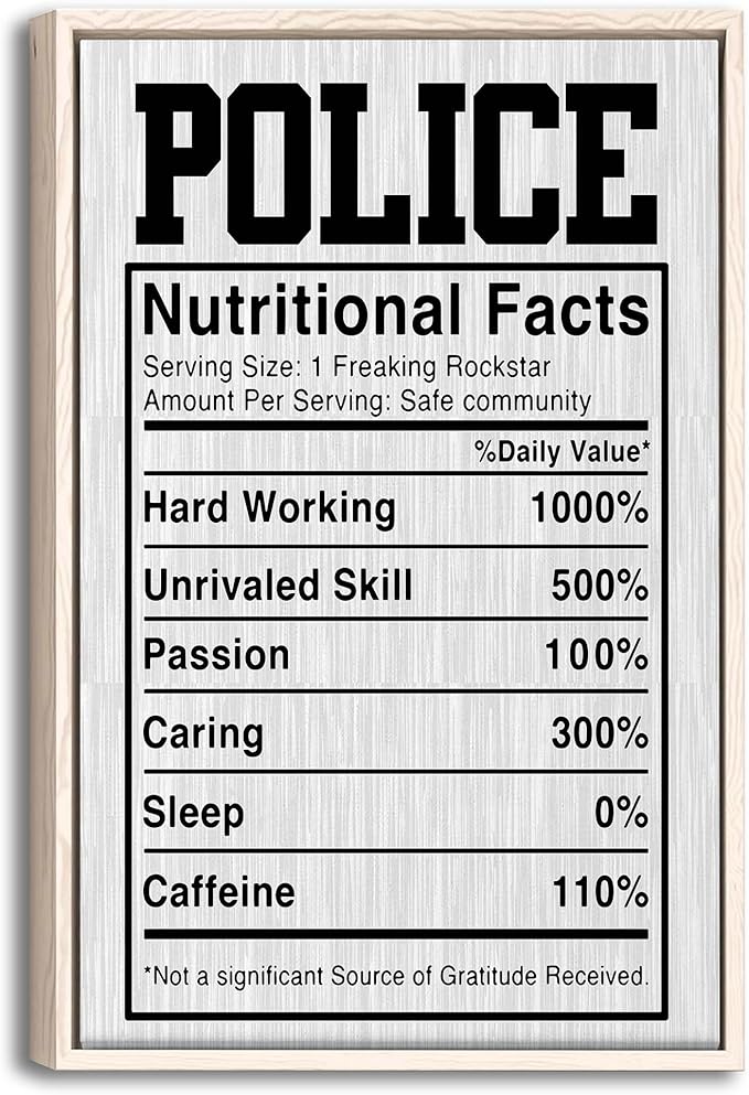 Police Poster & Framed Canvas, Police Nutritional Facts - Funny Home Office Decor, Bedroom Living Room Aesthetic Wall Art Gift For First Responder, Peace Officer, Policeman, Policemen