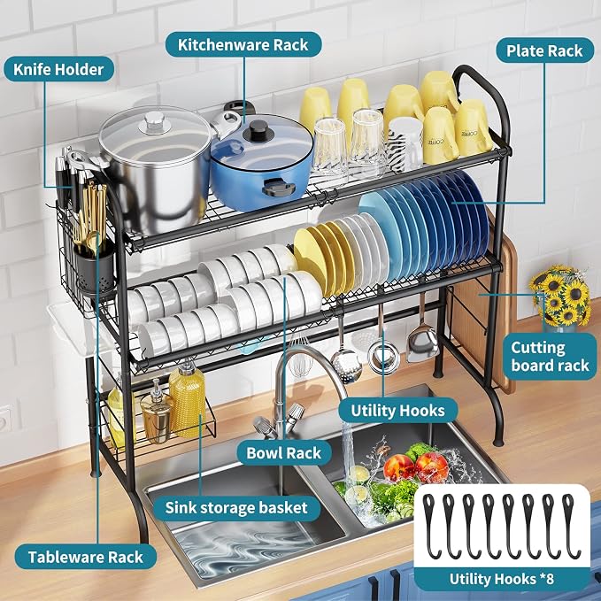 HOWDIA 3-Tier Over The Sink Dish Drying Rack, Stainless Steel Dish Rack | - Image 5