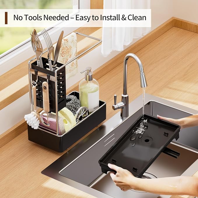MOUKABAL 2-Tier Sponge Holder for Kitchen Sink, Sink Caddy Organizer Black - Image 6