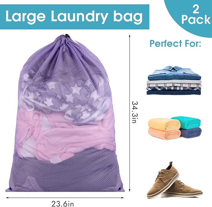 2 Pack Mesh Laundry Bags 23x34 Inch Drawstring Locking - Image 2
