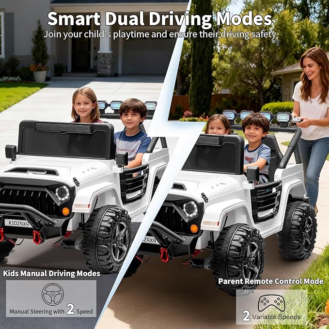 Kids 24V 2-Seater Electric Ride On Car, 4x4 Ride On Truck w/Remote Control, 4-Wheeler Suspension, 3 Speeds, Led Lights, Bluetooth, Ride on Car Toy for Kids Ages 3-8, White