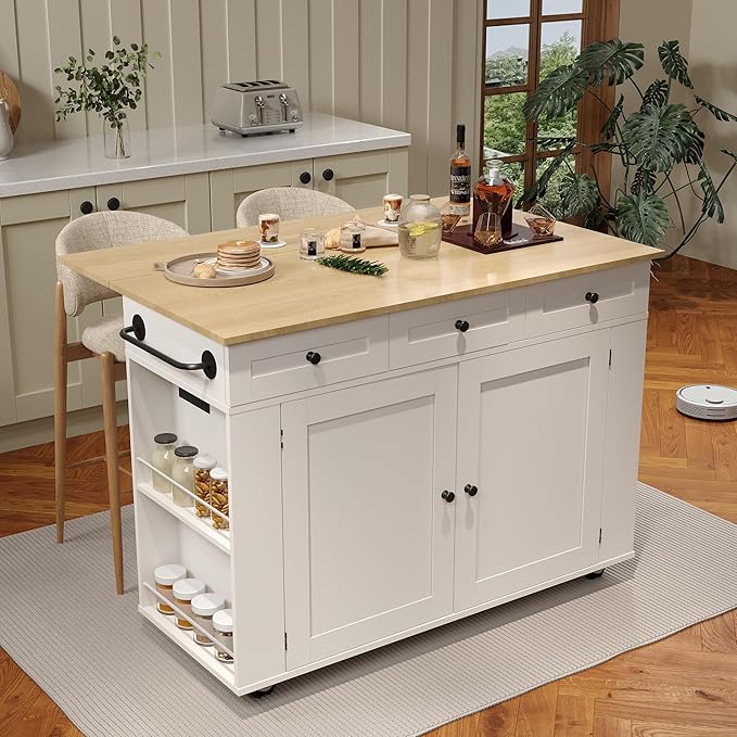 47.2 in Mobile Kitchen Island with Drop Leaf Countertop, Charging Station & Ample Storage, Rolling Kitchen Cart on Wheels with Pull-Out Shelves, Drawers, Spice Rack & Organizer Divider (White-1)