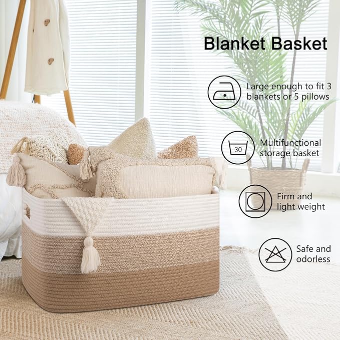 OIAHOMY Blanket Basket Laundry Basket Dog Toy Basket 75L Light Yellow - Image 6
