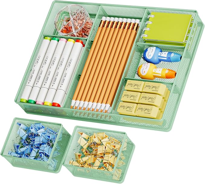 Marbrasse Mesh Desk Drawer Organizer Tray 3 Packs, 9 Adjustable Compartments by Marbrasse