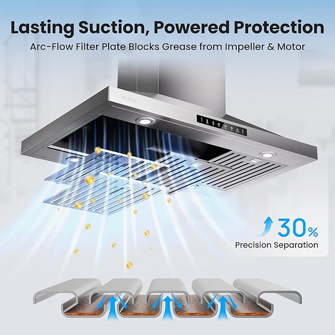 30 Inch Island Range Hood, 390 CFM kitchen Hood with Dual-Sided Touch/Gesture Control, Convertible Ducted/Ductless, Ceiling Mount, 3 Stainless Steel Baffle Filters, 3-Speed Fan
