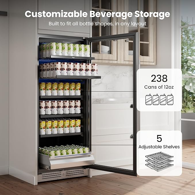 Yeego Beverage Refrigerator & Drink Fridge - 24 inch 238 Cans Beer Cooler with Glass Door, 34-54℉ Built-in or Freestanding Refrigerator with Door Lock, For Drink Soda Wine and Kitchen, Bar or Office