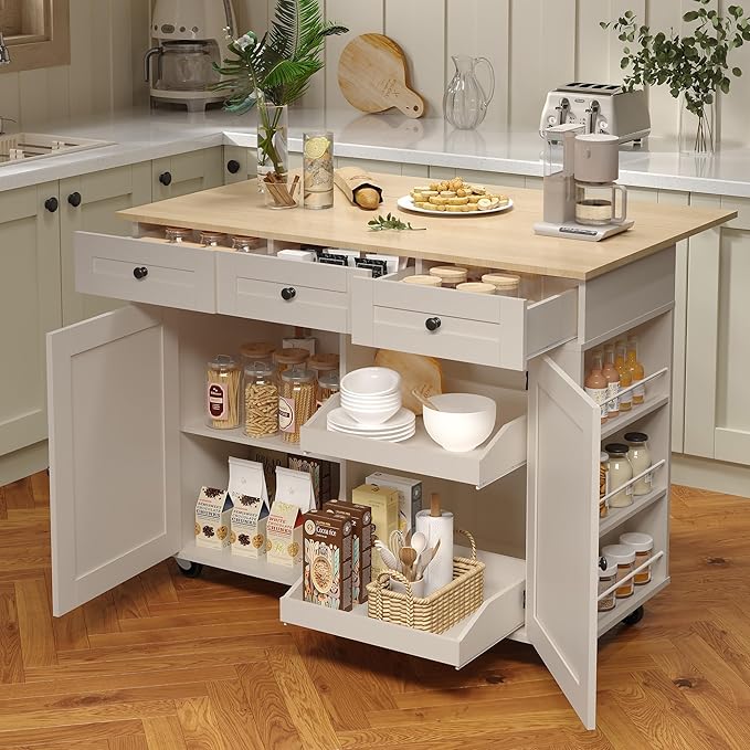47.2 in Mobile Kitchen Island with Drop Leaf Countertop, Charging Station & Ample Storage, Rolling Kitchen Cart on Wheels with Pull-Out Shelves, Drawers, Spice Rack & Organizer Divider (Gray-1)