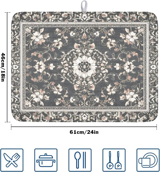 Giwawa Boho Floral Dish Drying Mat Grey Leaves Dishes Drainer Pad 18x24 Inch - Image 2