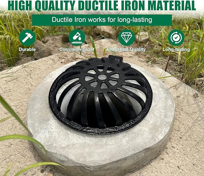 12in Ductile Iron Atrium Drain Grate and Frame,Dome Durable Metal Overflow Relief Gully Dome Grate with Bolted Down Base,Cast Iron Sewage Drain Grates for Garden,Yard,Lawn(Overall Size 14.2")