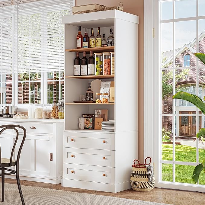 Vyre 71" Tall Farmhouse Kitchen Pantry, Large Storage Cabinet with Adjustable Shelves, 3 Drawer, Wood Versatile Hutch Cabinet for Living Room, Dining Room