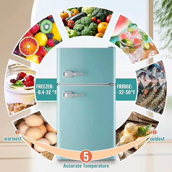 WANAI 3.5 Cu.Ft Mini Fridge with Freezer, Retro Small Refrigerator with 2 Handles, 7 Settings Temperature Adjustable, 2 Door Refrigerator for Office, Dorm, Bedroom, Apartment, Blue