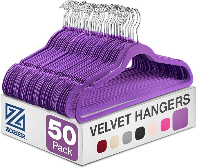 Zober Purple Velvet Hangers 50 Pack, Slim Non Slip Clothes Hangers | Slim by ZOBER